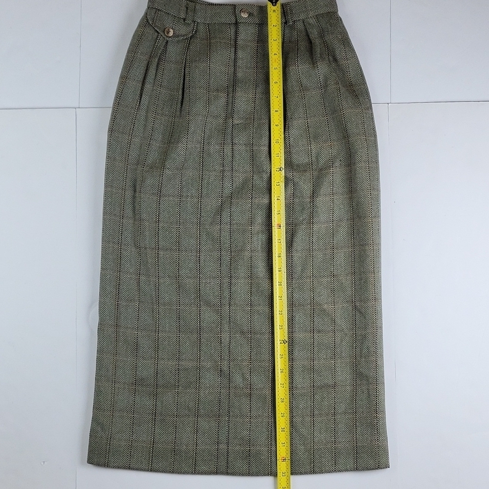 Vintage 80s Talbots Wool Blend Olive Green Plaid Tweed Pleated Pencil Midi Skirt - Picture 16 of 16